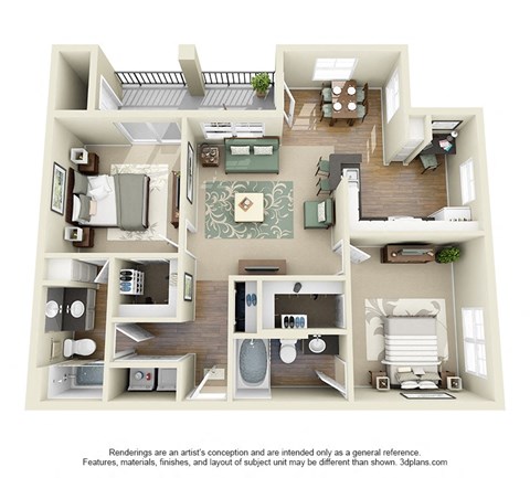 Floor plan for 2 beds, 2 baths, 1047 sqft